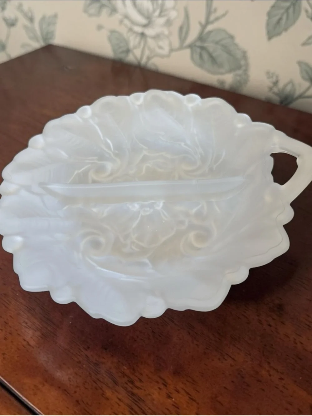 VTG Indiana Glass Wild Rose Frosted Satin Handled Divided Relish Dish